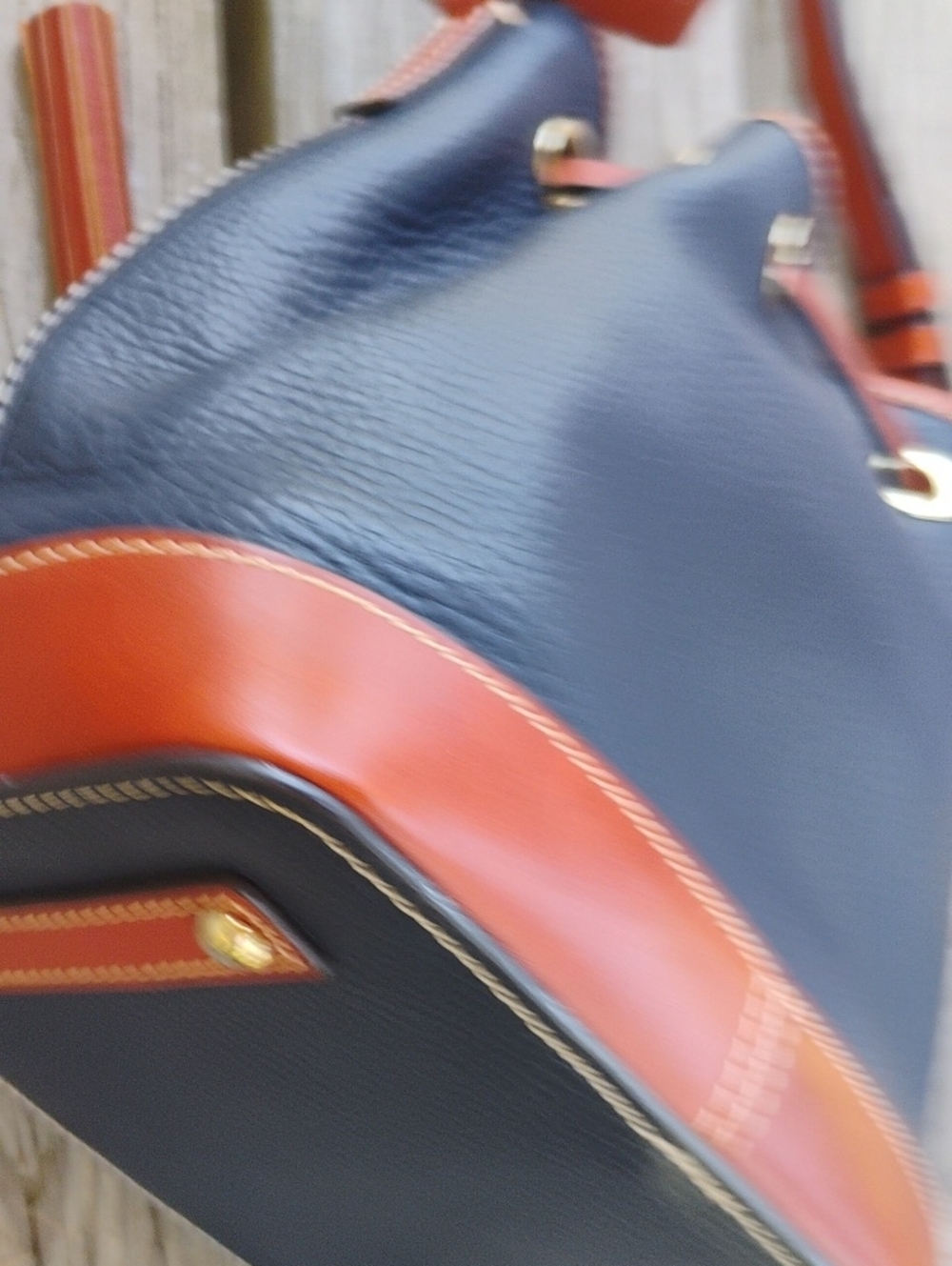 Dooney & Bourke Navy and Tan Pebble Leather Drawstring Bucket Shoulder Bag - Picture 6 of 10